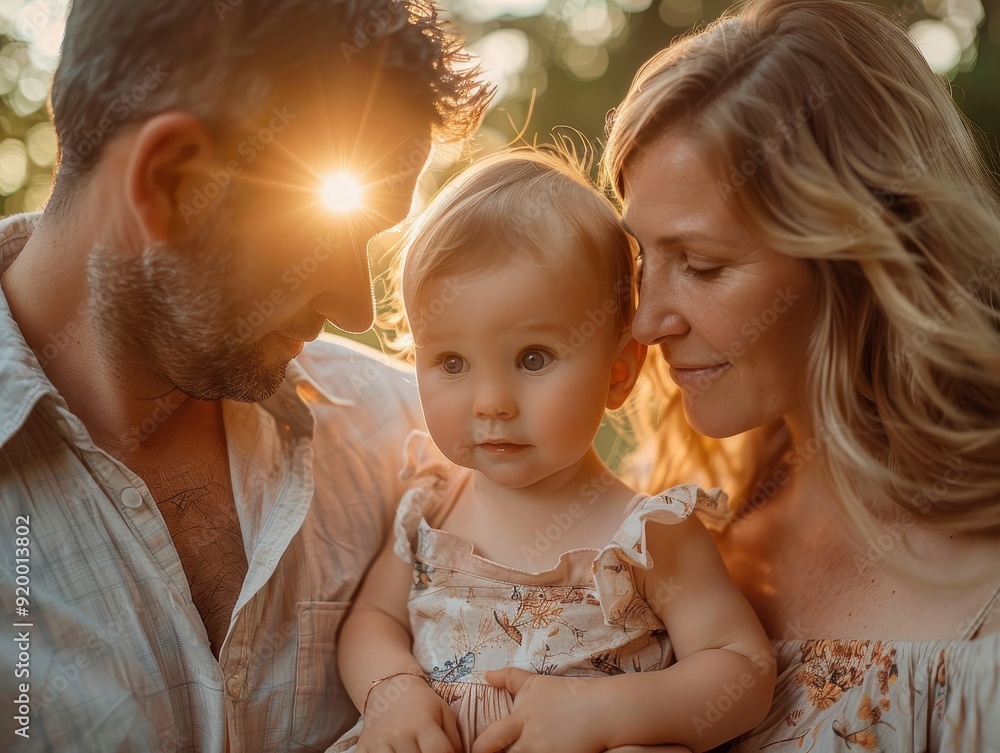 A family portrait with a father, mother, and daughter in a golden sunset light A family portrait with a father, mother, and daughter in a golden sunset light