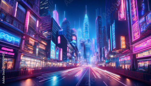 Futuristic city with neon light effect background