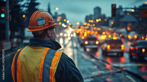 Construction worker in reflective vest observing a busy city street