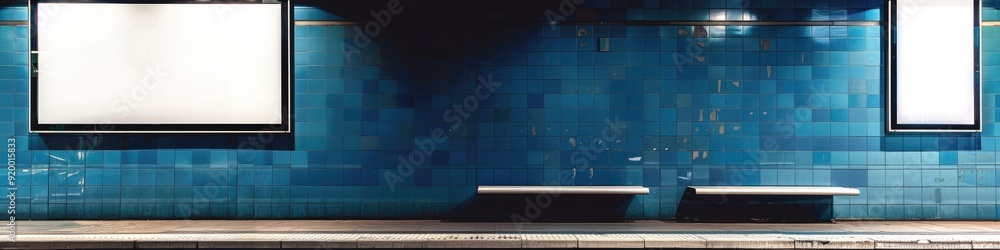 Two empty vertical poster templates showcased on a metro platform, providing blank spaces for information banners within a train station or subway, featuring two white billboards set against a blue Two empty vertical poster templates showcased on a metro platform, providing blank spaces for information banners within a train station or subway, featuring two white billboards set against a blue