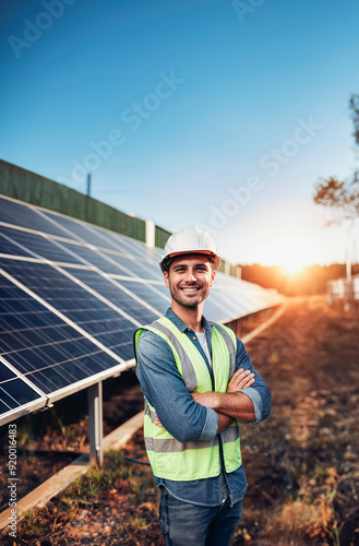 Portrait of a smiling male worker in overalls and hardhat with a brush in his hand standing on a solar panel.