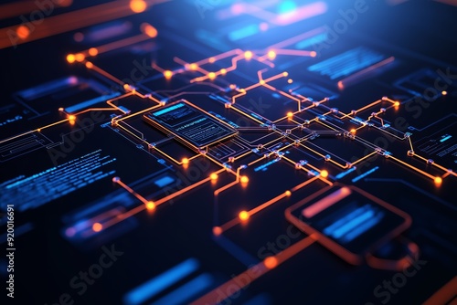 Futuristic circuit board with glowing lines, representing advanced technology and innovation.