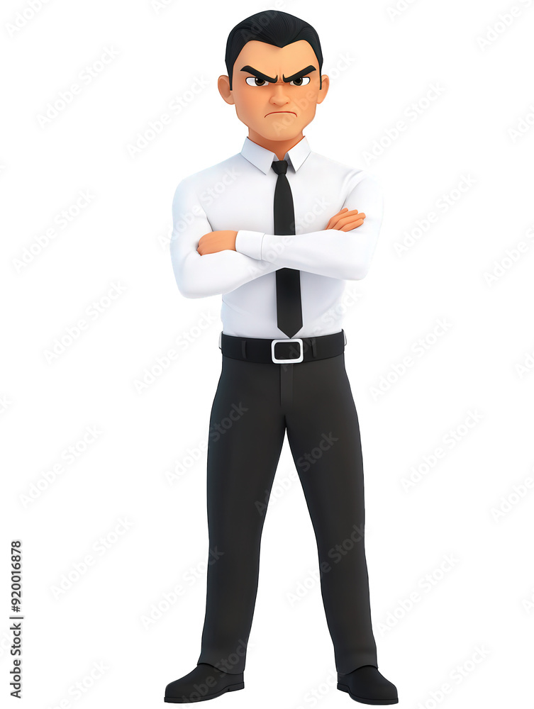 3D character of an angry Asian businessman in a tie standing with crossed hands isolated on transparent background 3D character of an angry Asian businessman in a tie standing with crossed hands isolated on transparent background