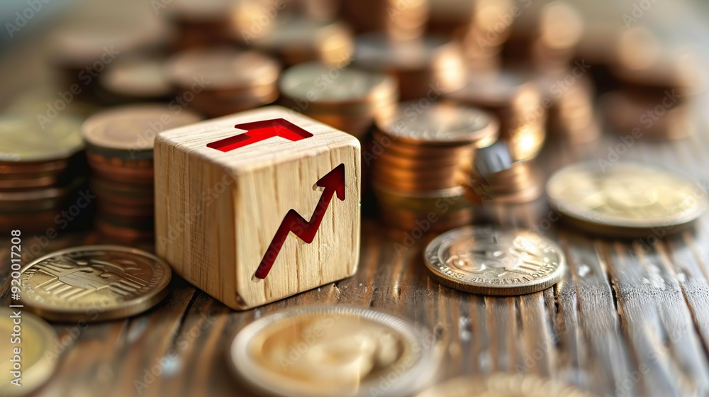 Growth and Financial Success: Wooden Block with Arrow Representing Upward Trend on a Background of Coins Growth and Financial Success: Wooden Block with Arrow Representing Upward Trend on a Background of Coins