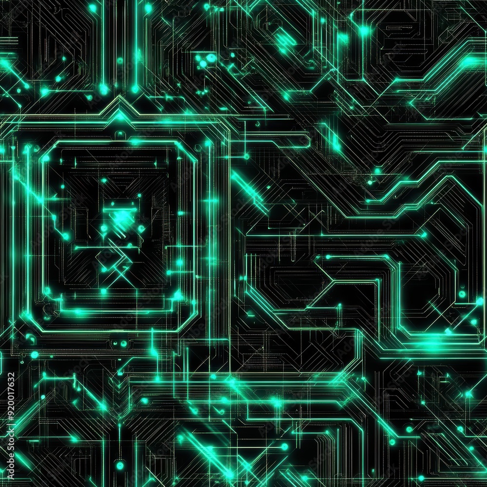 Obraz premium Abstract Circuitry - Glowing Green Lines, Seamless Pattern