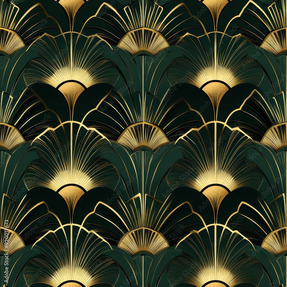 Art Deco Inspired Pattern in Green and Gold, Seamless Pattern Art Deco Inspired Pattern in Green and Gold, Seamless Pattern