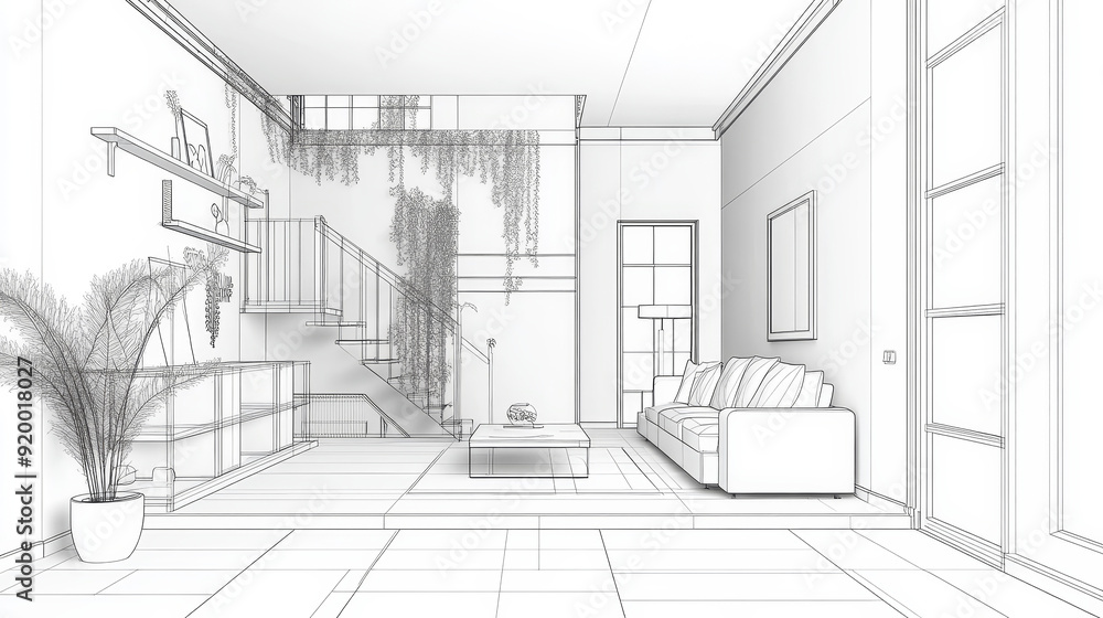 Interior sketch in a wire-frame style, showcasing the structural outlines of furniture and architectural elements. The minimalist, transparent lines offer a conceptual view of the space's design. Interior sketch in a wire-frame style, showcasing the structural outlines of furniture and architectural elements. The minimalist, transparent lines offer a conceptual view of the space's design.