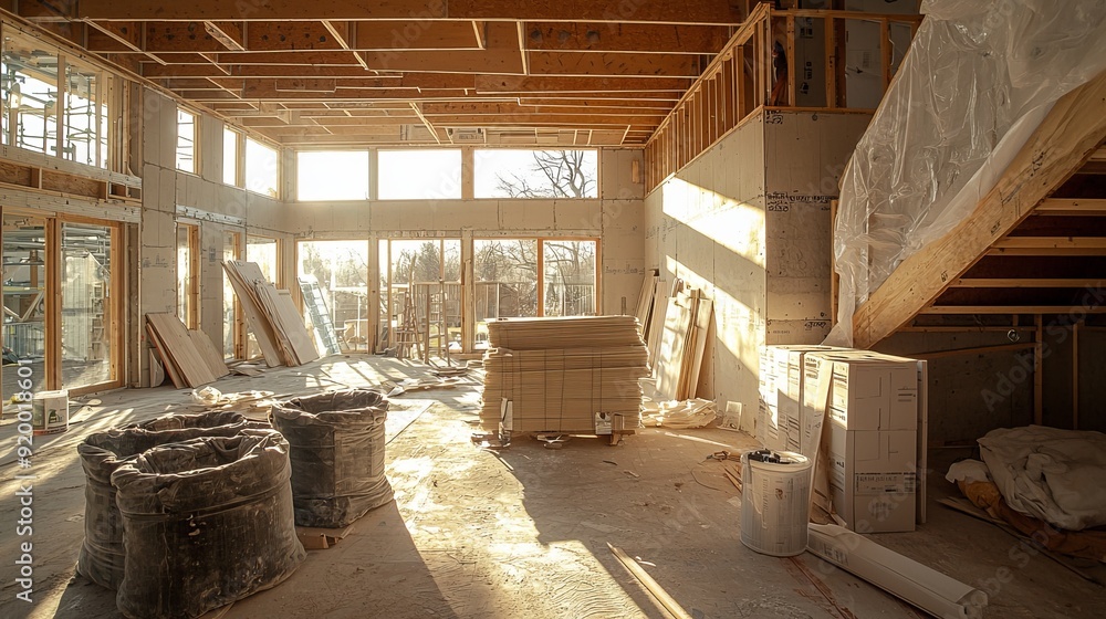 Construction site of a modern home interior under renovation with sunlight Construction site of a modern home interior under renovation with sunlight