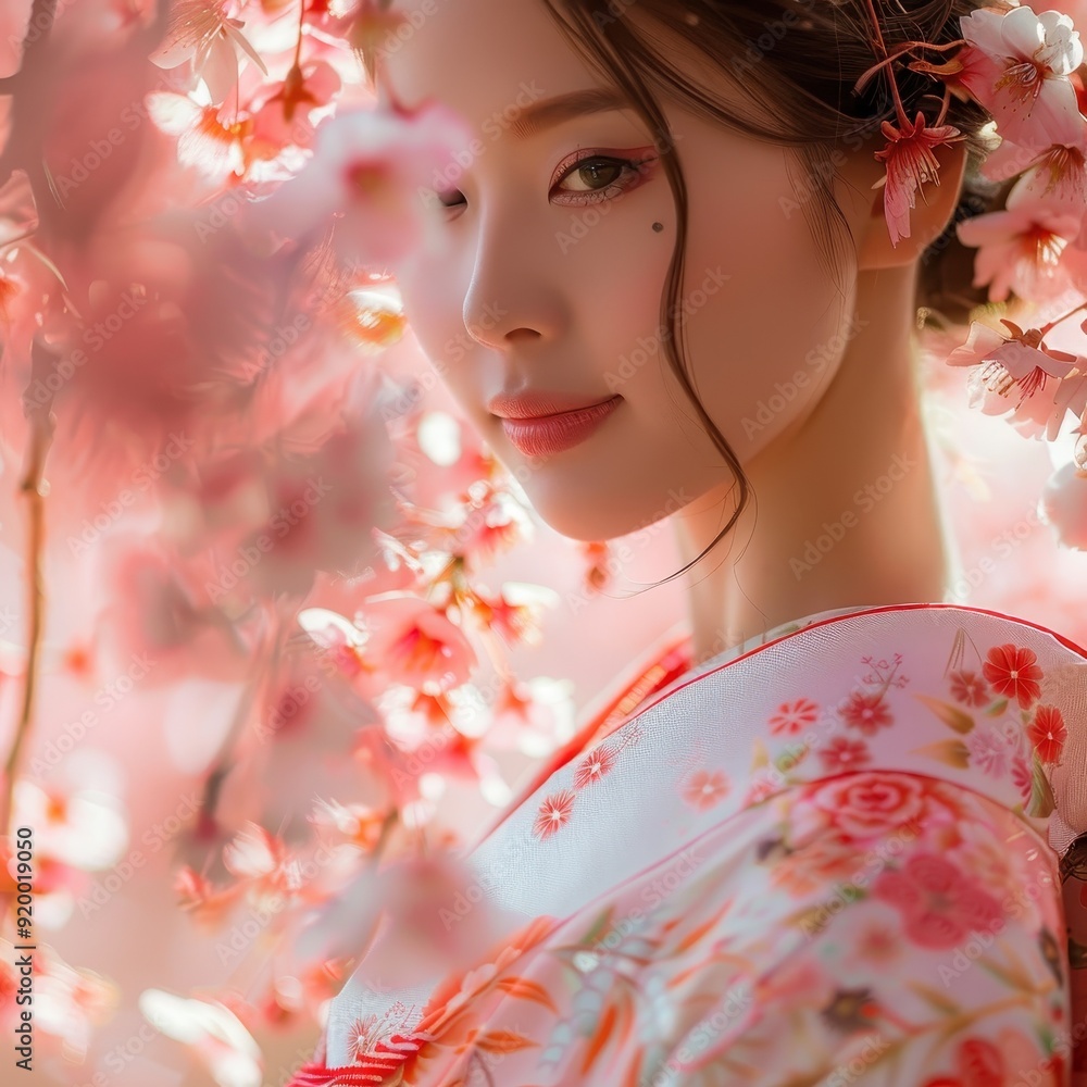 Woman in a Floral Kimono Surrounded by Pink Blossoms Woman in a Floral Kimono Surrounded by Pink Blossoms