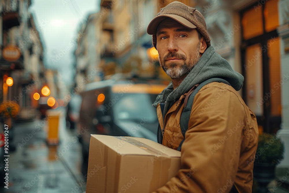 A delivery man in a hat and uniform carries a cardboard box near a delivery truck to a customer's home. Postman delivering parcel.generative ai A delivery man in a hat and uniform carries a cardboard box near a delivery truck to a customer's home. Postman delivering parcel.generative ai