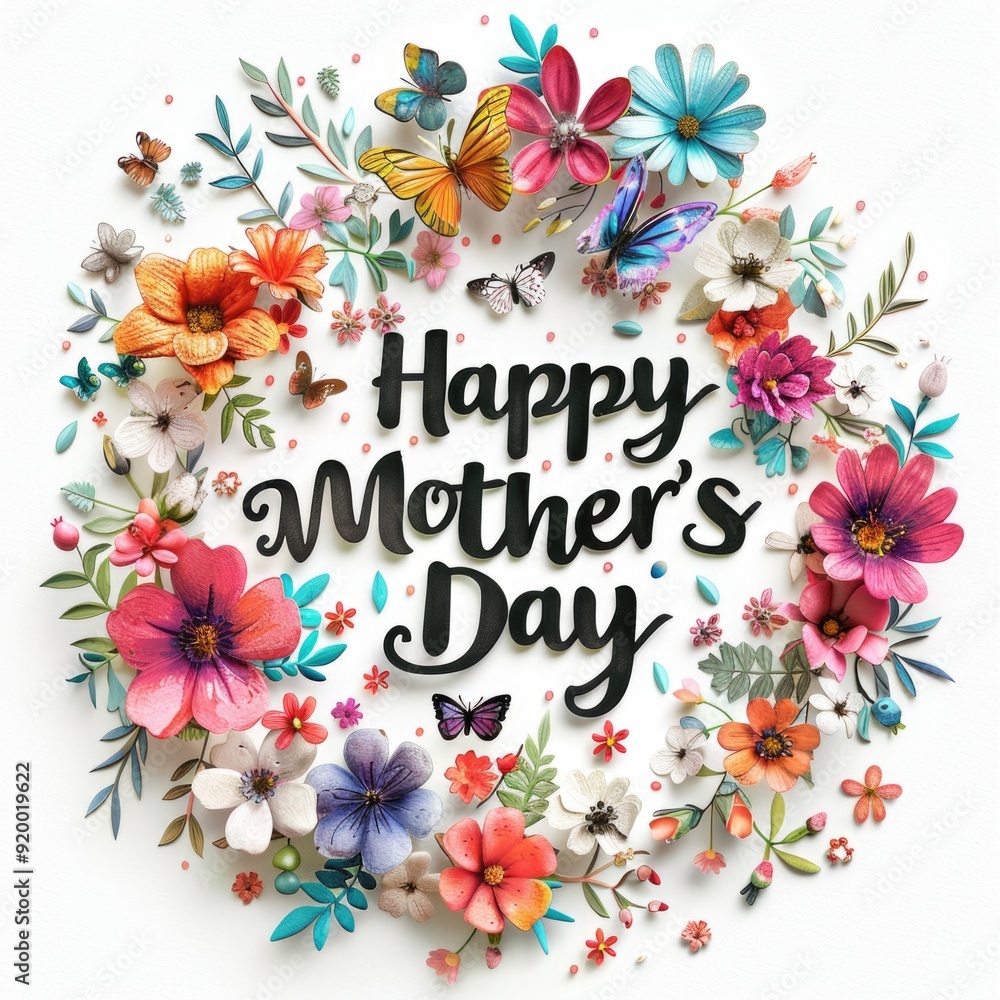 Obraz premium Mother Day celebration greeting flowers and butterfly white background