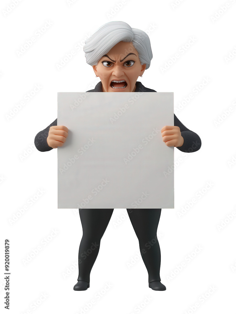 3D character of an angry old woman with gray hair holding a blank sign isolated on transparent background 3D character of an angry old woman with gray hair holding a blank sign isolated on transparent background