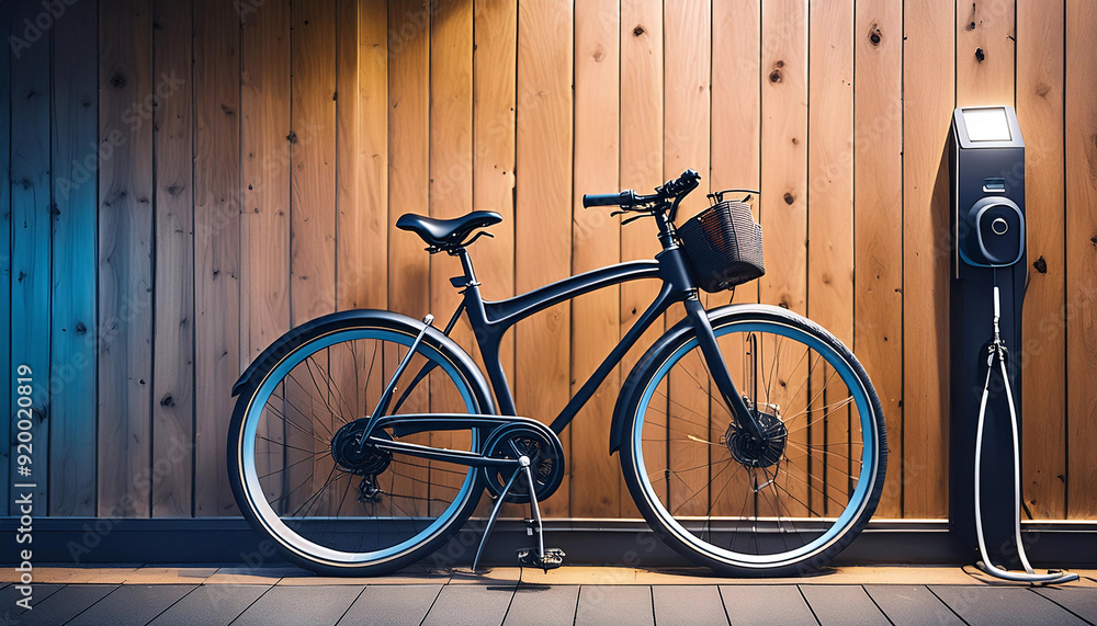 Eco-friendly electric bike charging at a sunset-lit home. Generative AI. Eco-friendly electric bike charging at a sunset-lit home. Generative AI.