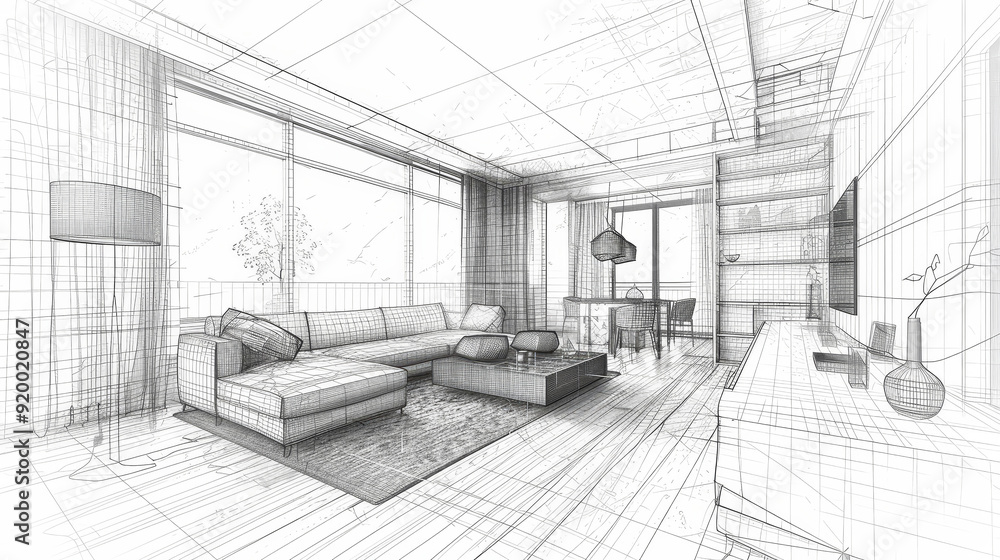 Interior sketch in a wire-frame style, showcasing the structural outlines of furniture and architectural elements. The minimalist, transparent lines offer a conceptual view of the space's design. Interior sketch in a wire-frame style, showcasing the structural outlines of furniture and architectural elements. The minimalist, transparent lines offer a conceptual view of the space's design.