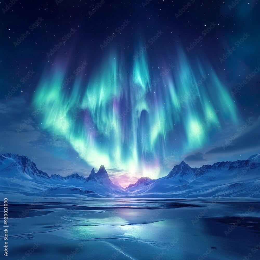 Fototapeta premium Stunning aurora borealis light show over a serene snowy landscape at night wallpaper