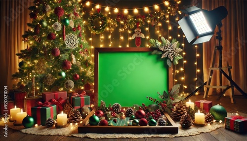 Christmas Green Screen Magic: A festive backdrop with twinkling lights, a decorated Christmas tree, and a green screen for festive holiday video and photo editing. 