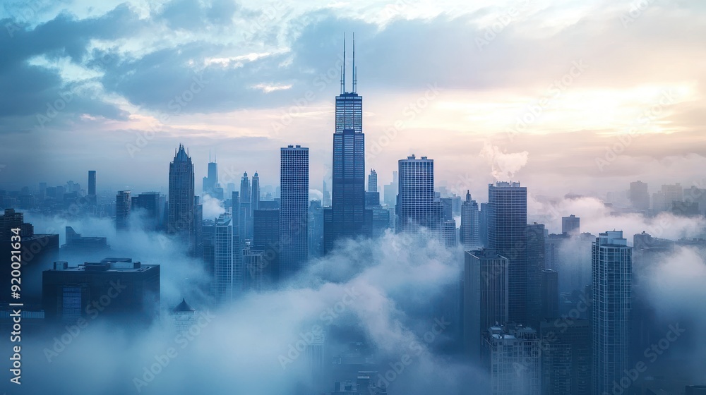 Fototapeta premium Foggy Cityscape with Skyscrapers and Clouds