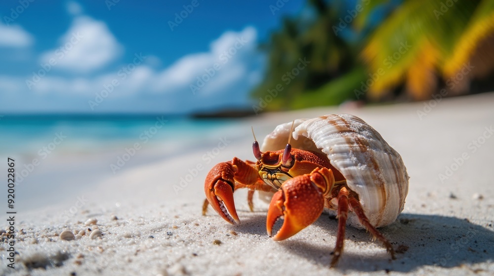 Hermit Crab Carrying Its Shell on a White Sandy Beach Hermit Crab Carrying Its Shell on a White Sandy Beach