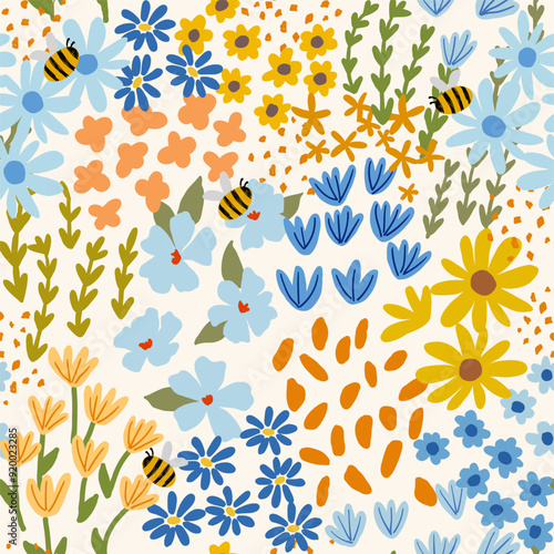Seamless pattern with little wild meadow flowers, leaves and bees. Сolourful cute floral summer background. Can be used for wrapping, textile, print, banner, brochure, label, wallpaper, greeting card