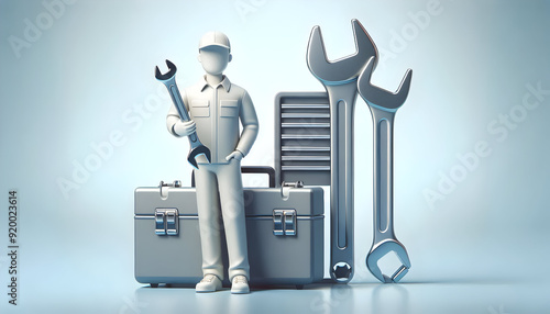 Professional Automotive Service Concept: Person with Wrench and Toolbox in Photo Realistic Style   Ideal for Graphic Design and Text Placement on Clean Background, Symbolizing Effi photo