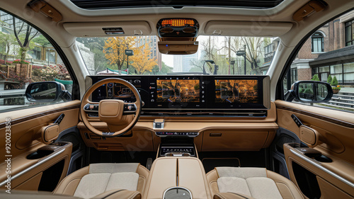 The SUV has a large rear space, three seats, all-white leather interior, center console and flat-panel touch screens on both sides, a head-up display above one screen.