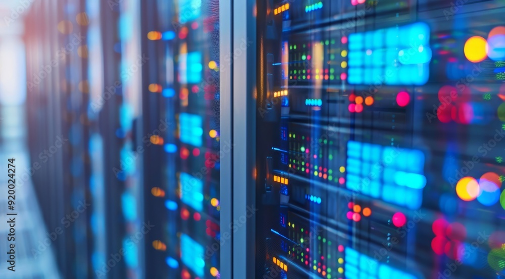 A closeup view of servers in a data center, highlighting intricate details and vibrant LED indicators A closeup view of servers in a data center, highlighting intricate details and vibrant LED indicators