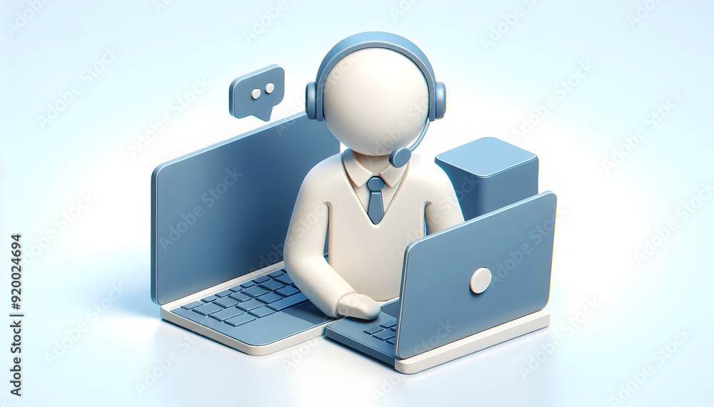 Flat 3D icon: Person with Laptop Providing Technical Support. Effective help symbolized by person with laptop on blank white background. Flat 3D icon: Person with Laptop Providing Technical Support. Effective help symbolized by person with laptop on blank white background.