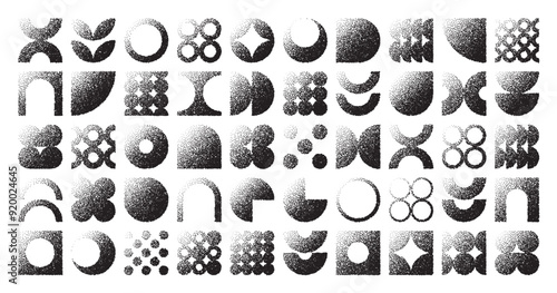 Brutalist geometric shapes, dotted objects. Stipple elements modern symbols. Simple primitive forms. Retro design, trendy contemporary minimalist style, y2k. Dot shading, drawing. Vector illustration