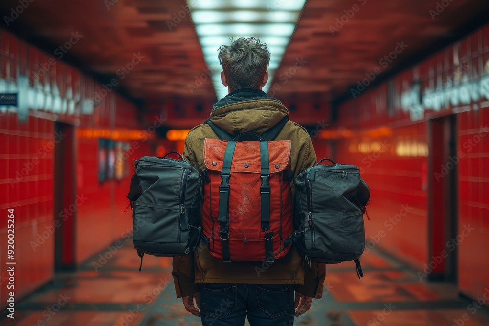 Male is carrying luggage in hall before trip.generative ai Male is carrying luggage in hall before trip.generative ai