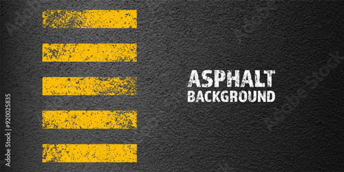 Asphalt road with yellow cracked lane marking, concrete highway surface, texture. Street traffic line, road dividing strip. Pattern with grainy structure, grunge stone background. Vector illustration