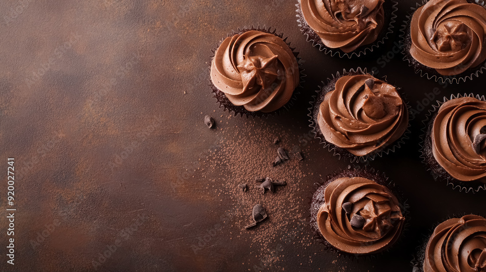 top view of chocolate cupcakes on rustic brown background, with copy space for text top view of chocolate cupcakes on rustic brown background, with copy space for text