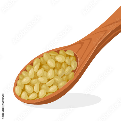 Vector illustration of Cera alba or beeswax granules on a wooden spoon, isolated on white background.