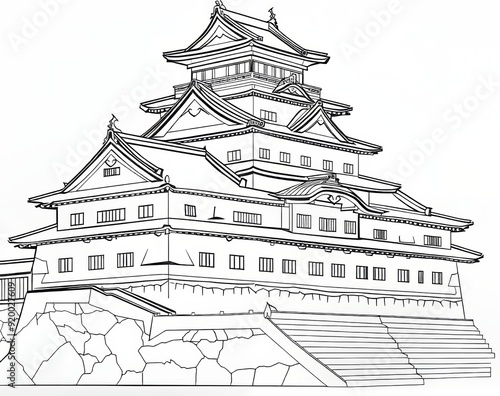 An editable one-line drawing of Hikone Castle. Japan castle single line art modern illustration. photo