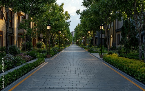 Closeup of a street view design in an urban plan, emphasizing pedestrianfriendly pathways, green spaces, and efficient traffic flow, architecture, urban street functionality photo