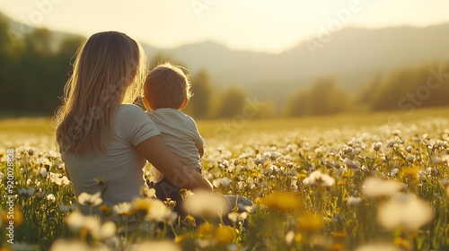 A mother holds her baby in a serene flower field during sunset, capturing a moment of love and tranquility in nature. photo