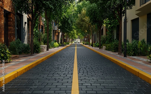 Closeup of a street view design in an urban plan, emphasizing pedestrianfriendly pathways, green spaces, and efficient traffic flow, architecture, urban street functionality photo