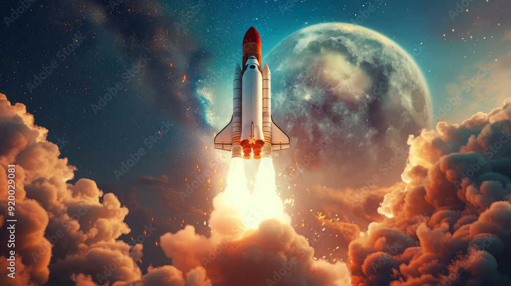 A white spaceship blasts off into space, leaving behind a trail of fire and smoke as it heads towards a large planet. A white spaceship blasts off into space, leaving behind a trail of fire and smoke as it heads towards a large planet.