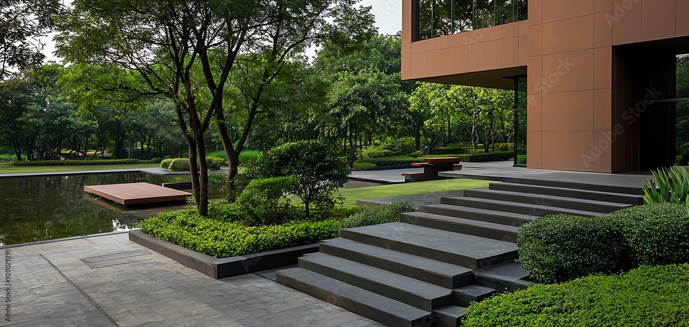 Detailed view of a building s exterior where the landscape design includes outdoor workspaces Detailed view of a building s exterior where the landscape design includes outdoor workspaces