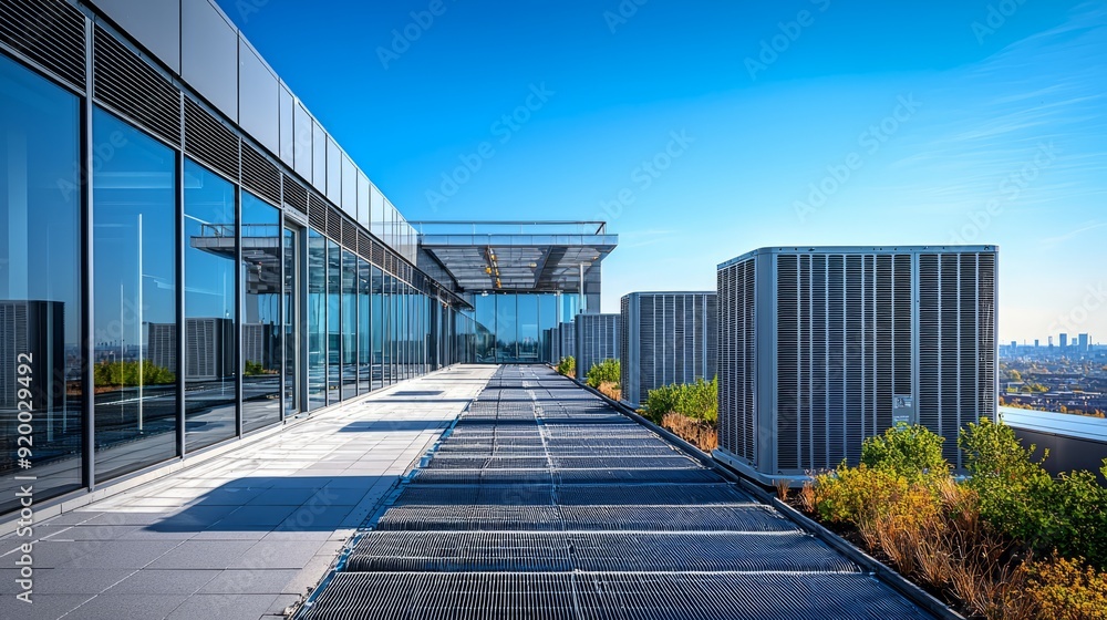 Modern rooftop with glass walls overlooking a city skyline on a sunny day Modern rooftop with glass walls overlooking a city skyline on a sunny day