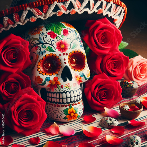 Closeup Mexican Style Sugar Skull and Hat Sombrero Flowery Floral Red Roses & Leaves Decoration. Spooky Glamour Traditional Day of the Dead Holiday Festival & Mardi Gras Celebration of Beauty & Horror photo