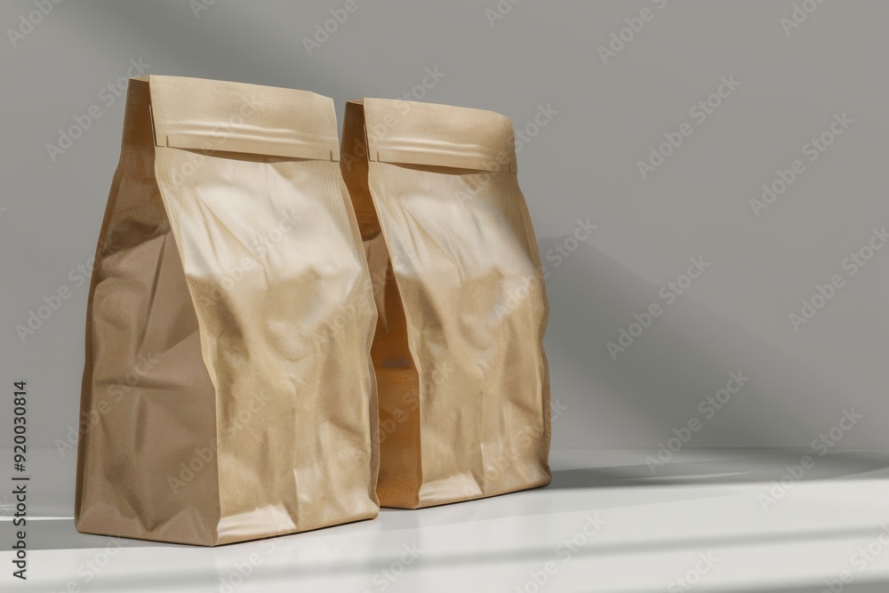This is a highly realistic mockup that vividly showcases two crumpled brown paper bags elegantly placed on a shelf, making it ideal for a professional product packaging presentation This is a highly realistic mockup that vividly showcases two crumpled brown paper bags elegantly placed on a shelf, making it ideal for a professional product packaging presentation