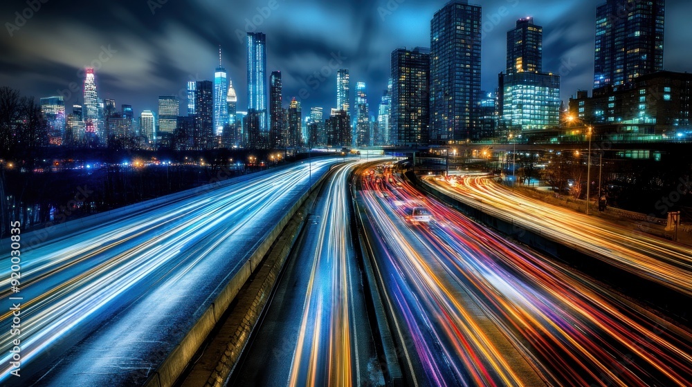 Fototapeta premium Cityscape with Nighttime Traffic Light Trails