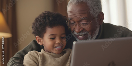 A grandfather and grandson enjoy quality time together while using a laptop, showcasing the bond between generations