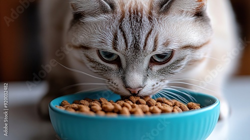 The cat appetizingly eats food from a blue plate. photo