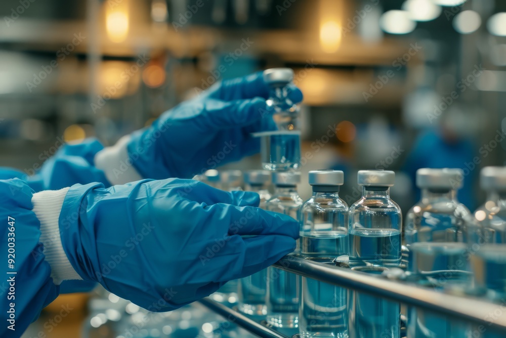 A dedicated medical worker is meticulously handling vaccine vials on an efficient assembly line, ensuring utmost precision, accuracy, and safety at every critical and important step of the process A dedicated medical worker is meticulously handling vaccine vials on an efficient assembly line, ensuring utmost precision, accuracy, and safety at every critical and important step of the process