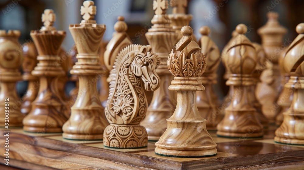 A stunning wooden chess set with each piece intricately carved and polished to perfection displaying the natural beauty of the wood. A stunning wooden chess set with each piece intricately carved and polished to perfection displaying the natural beauty of the wood.