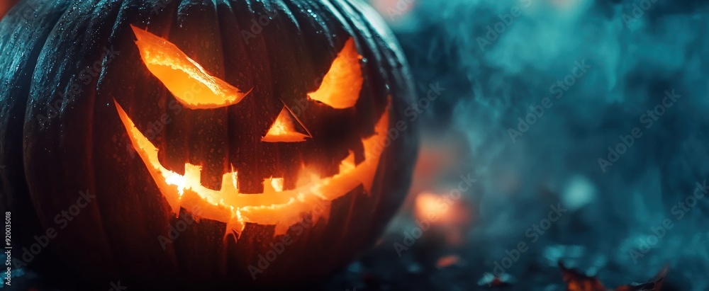 Naklejka premium Glowing Jack-o'-Lantern with a Sinister Grin in Smoke