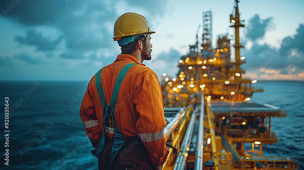 Offshore oil rig worker standing on a platform at dusk Offshore oil rig worker standing on a platform at dusk