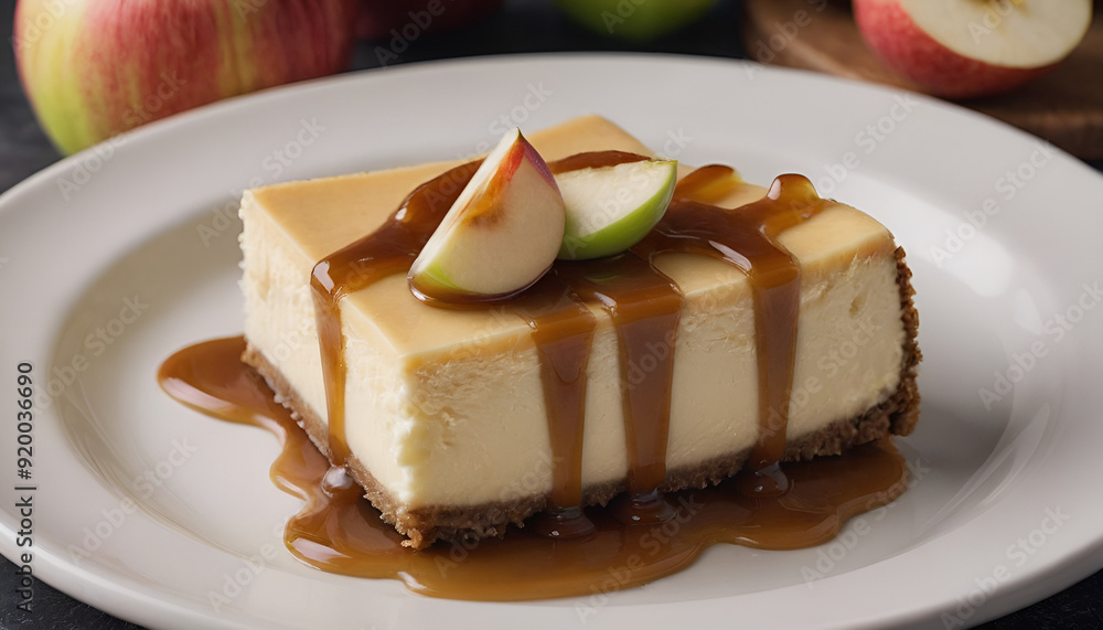slice of caramel apple cheesecake on a plate slice of caramel apple cheesecake on a plate