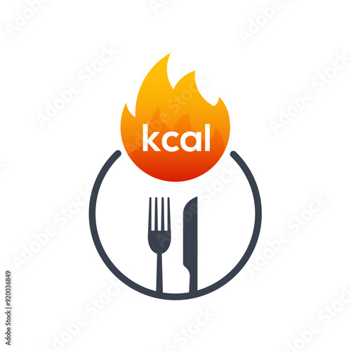 Energy fat burn kcal fire icon. Kilocalorie hot logo vector weight knife fork fitness flame graphic icon